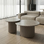 Couchtisch 2er Set ø60/80 cm - Marmoroptik & Lamellenoptik Beige - FURNHOUSE