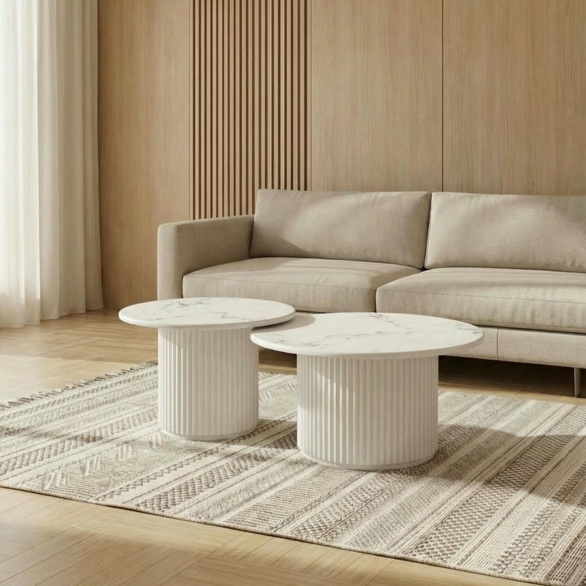 Couchtisch 2er Set ø60/80 cm - Marmoroptik & Lamellenoptik Weiß - FURNHOUSE