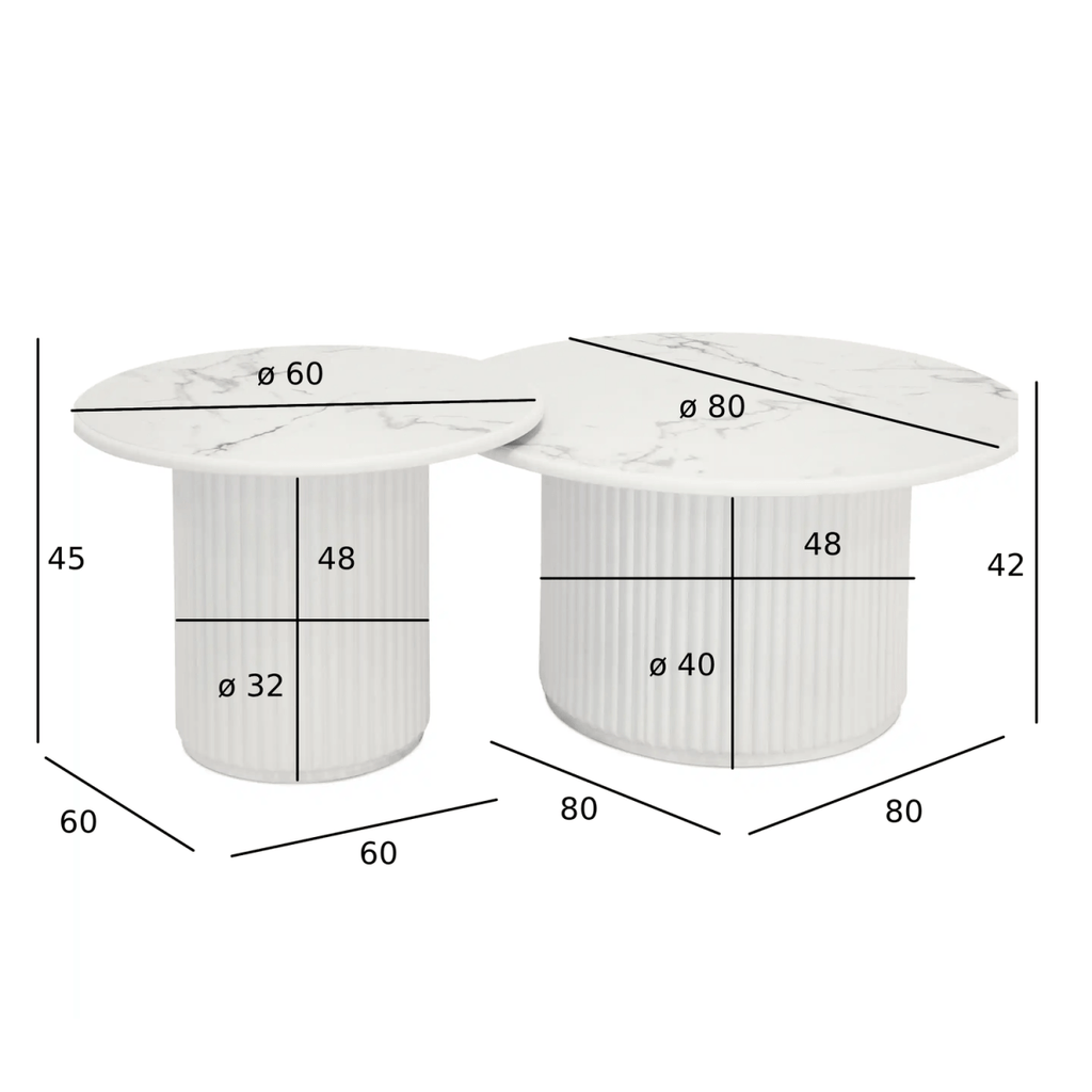 Couchtisch 2er Set ø60/80 cm - Marmoroptik & Lamellenoptik Weiß - FURNHOUSE