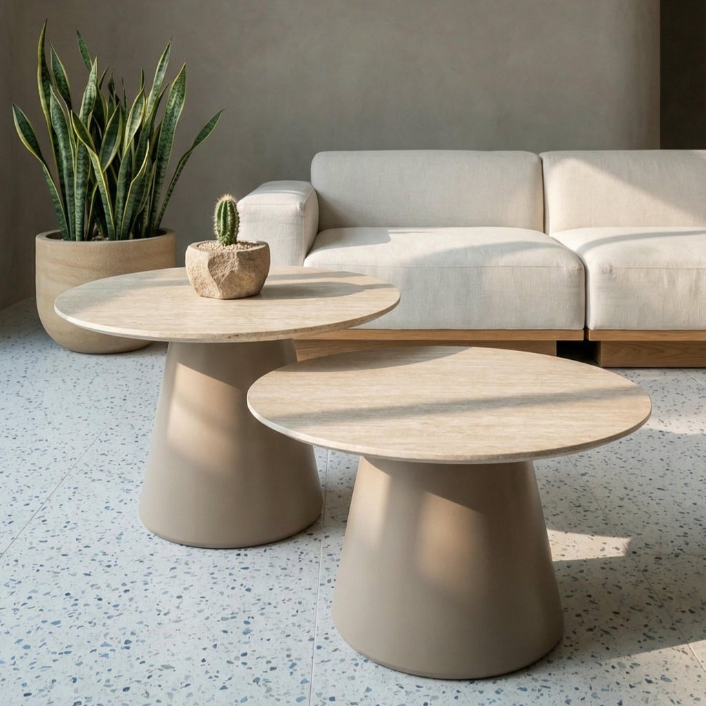 Couchtisch 2er Set ø60/80 cm - Travertine-Optik Beige - FURNHOUSE