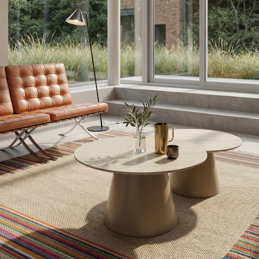 Couchtisch 2er Set ø60/80 cm - Travertine-Optik Beige - FURNHOUSE