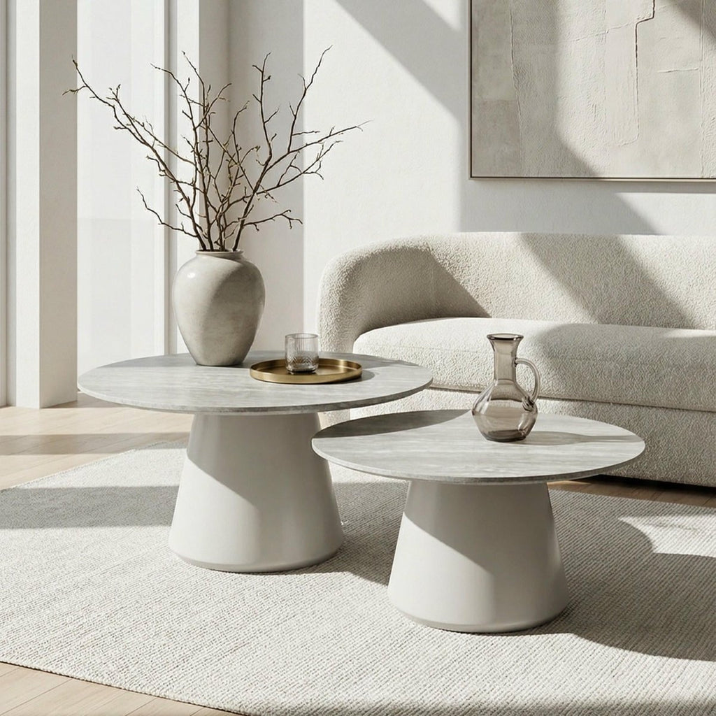 Couchtisch 2er Set ø60/80 cm - Travertine-Optik Grau - FURNHOUSE