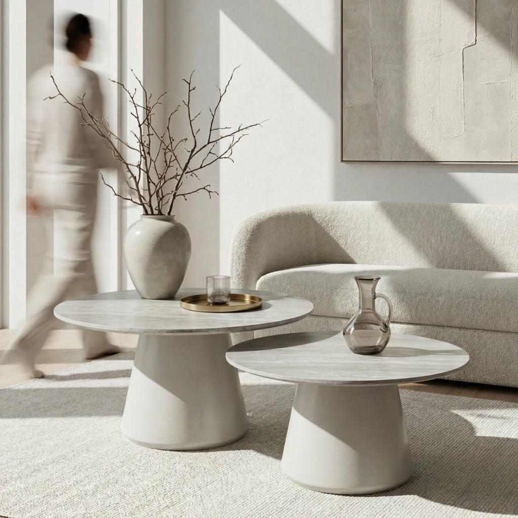 Couchtisch 2er Set ø60/80 cm - Travertine-Optik Grau - FURNHOUSE
