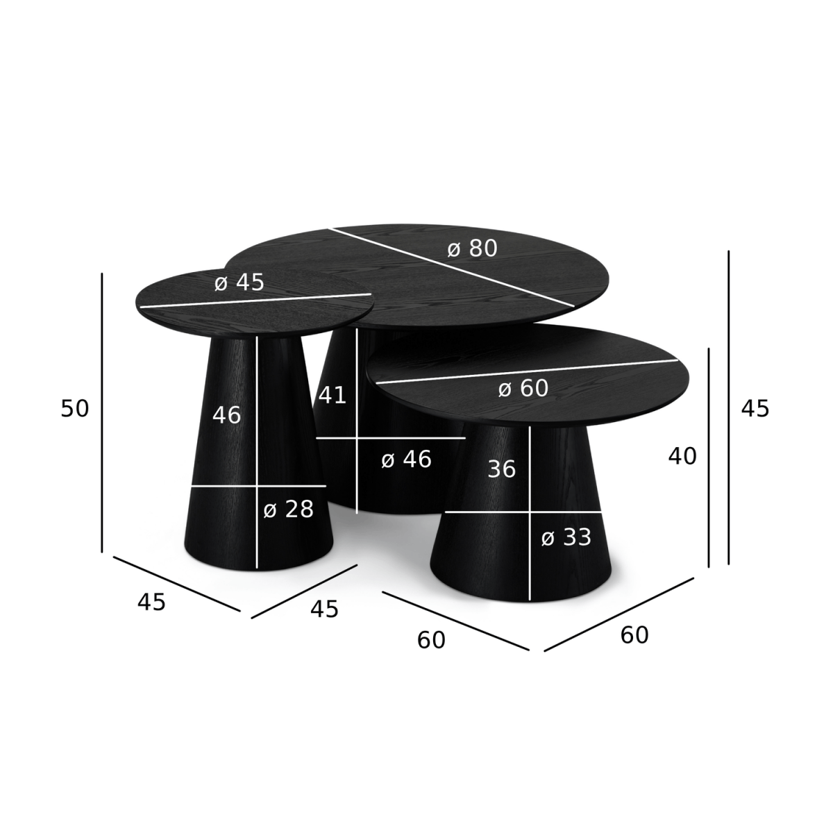Couchtisch 3er Set ø80/60/45 cm - Eiche Schwarz - FURNHOUSE