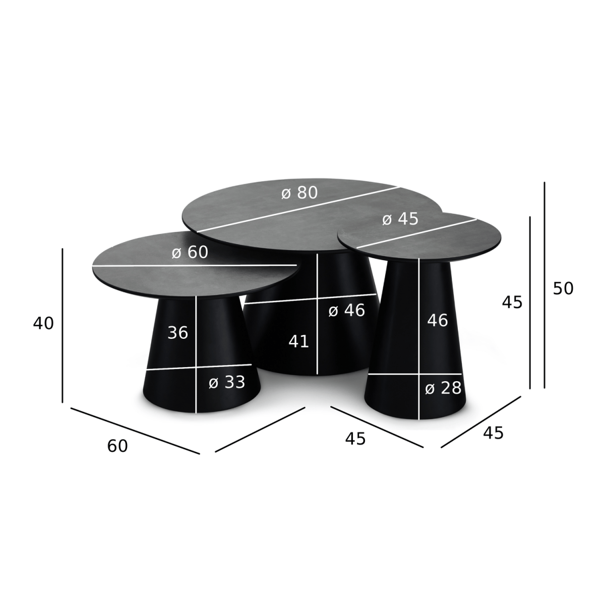 Couchtisch 3er Set ø80/60/45 cm - Marmoroptik Dunkelgrau - FURNHOUSE