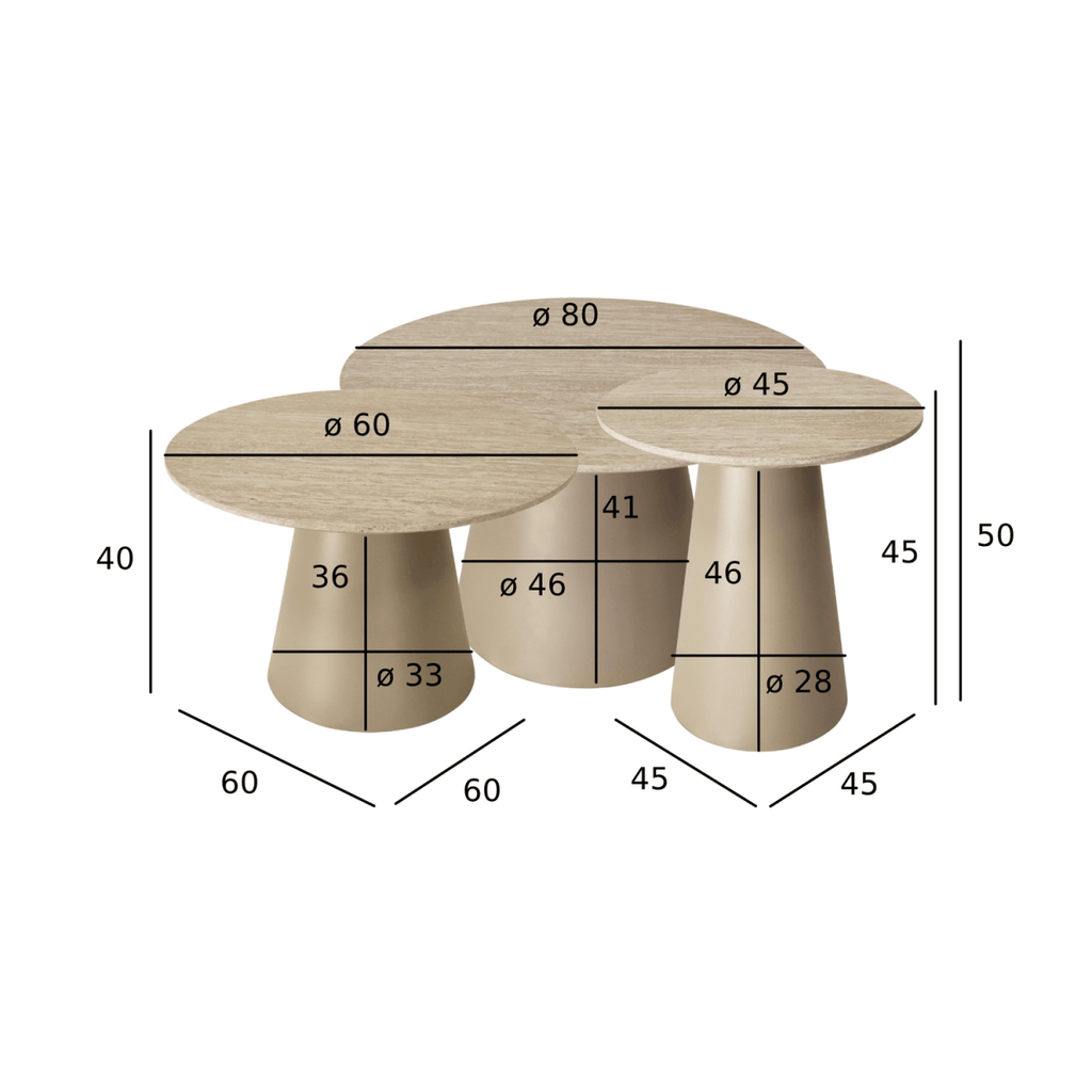 Couchtisch 3er Set ø80/60/45 cm - Travertine-Optik Beige - FURNHOUSE