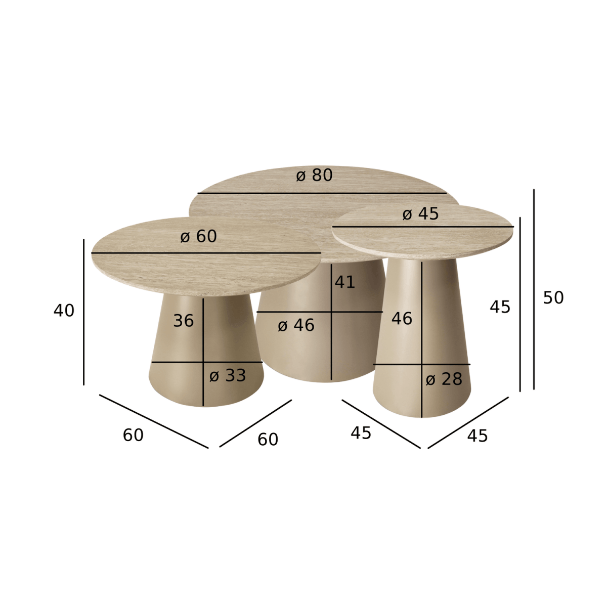 Couchtisch 3er Set ø80/60/45 cm - Travertine-Optik Beige - FURNHOUSE