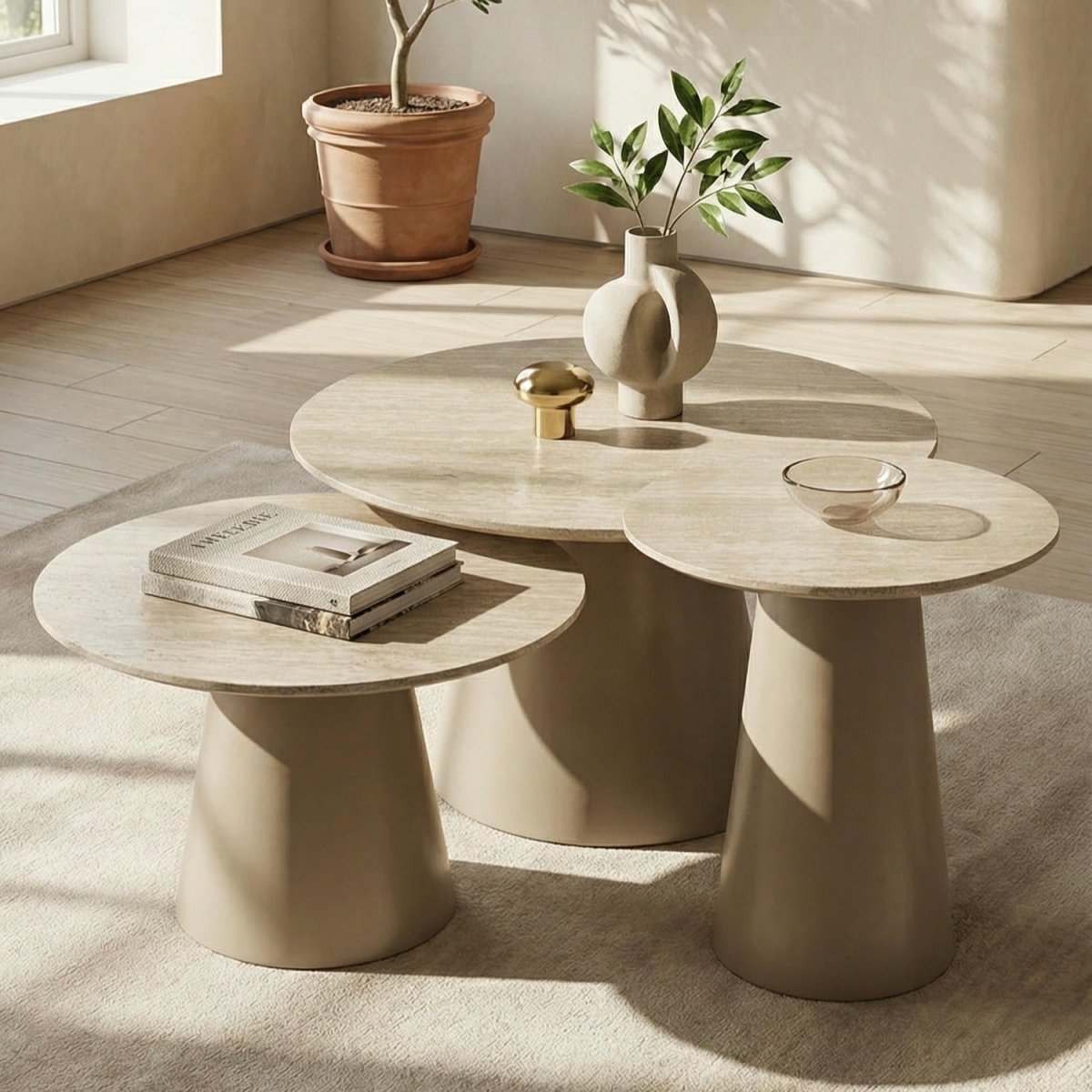 Couchtisch 3er Set Tango ø45/60/80 cm - Travertinoptik Beige - Säulenfuß - Satztisch