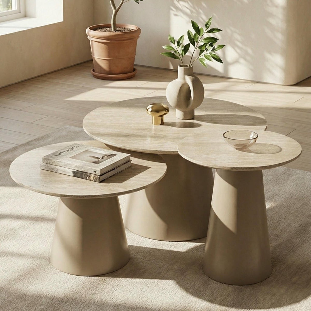 Couchtisch 3er Set ø80/60/45 cm - Travertine-Optik Beige - FURNHOUSE