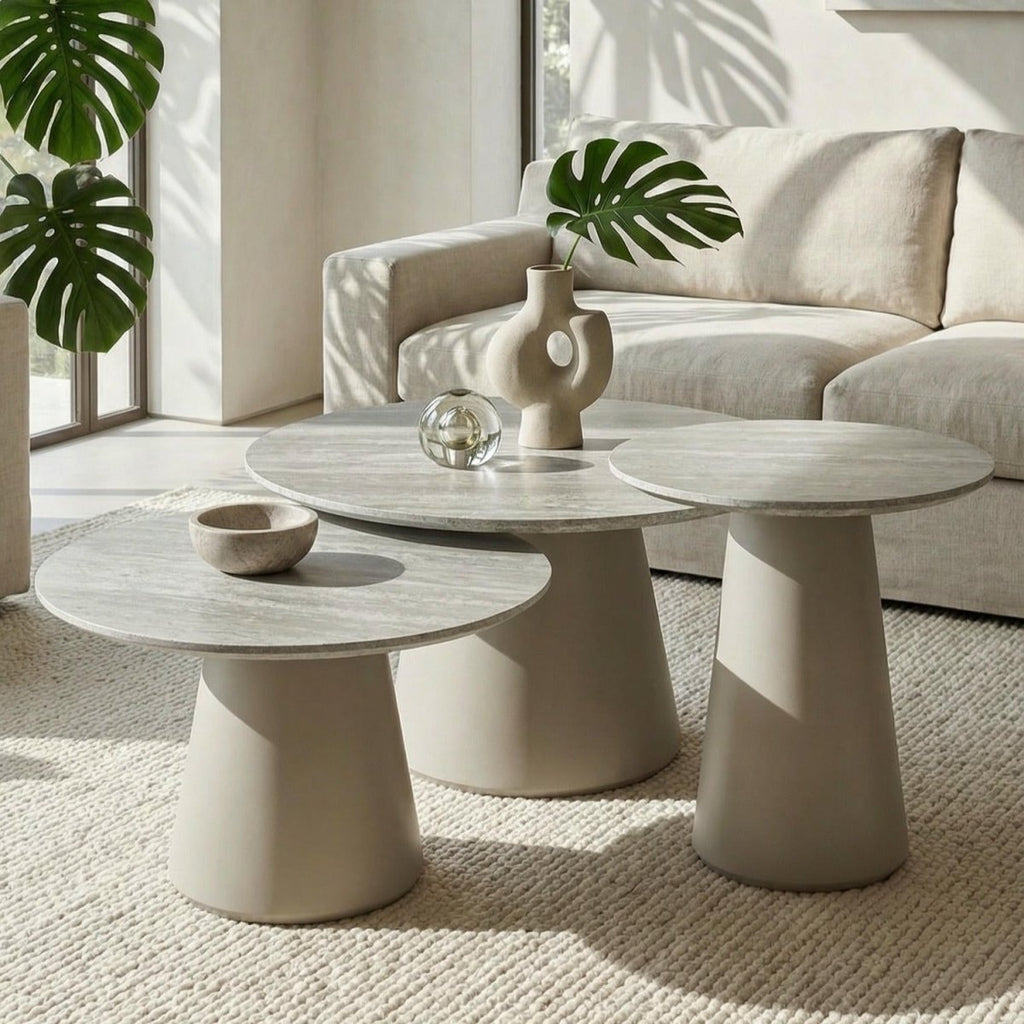 Couchtisch 3er Set ø80/60/45 cm - Travertine-Optik Grau - FURNHOUSE
