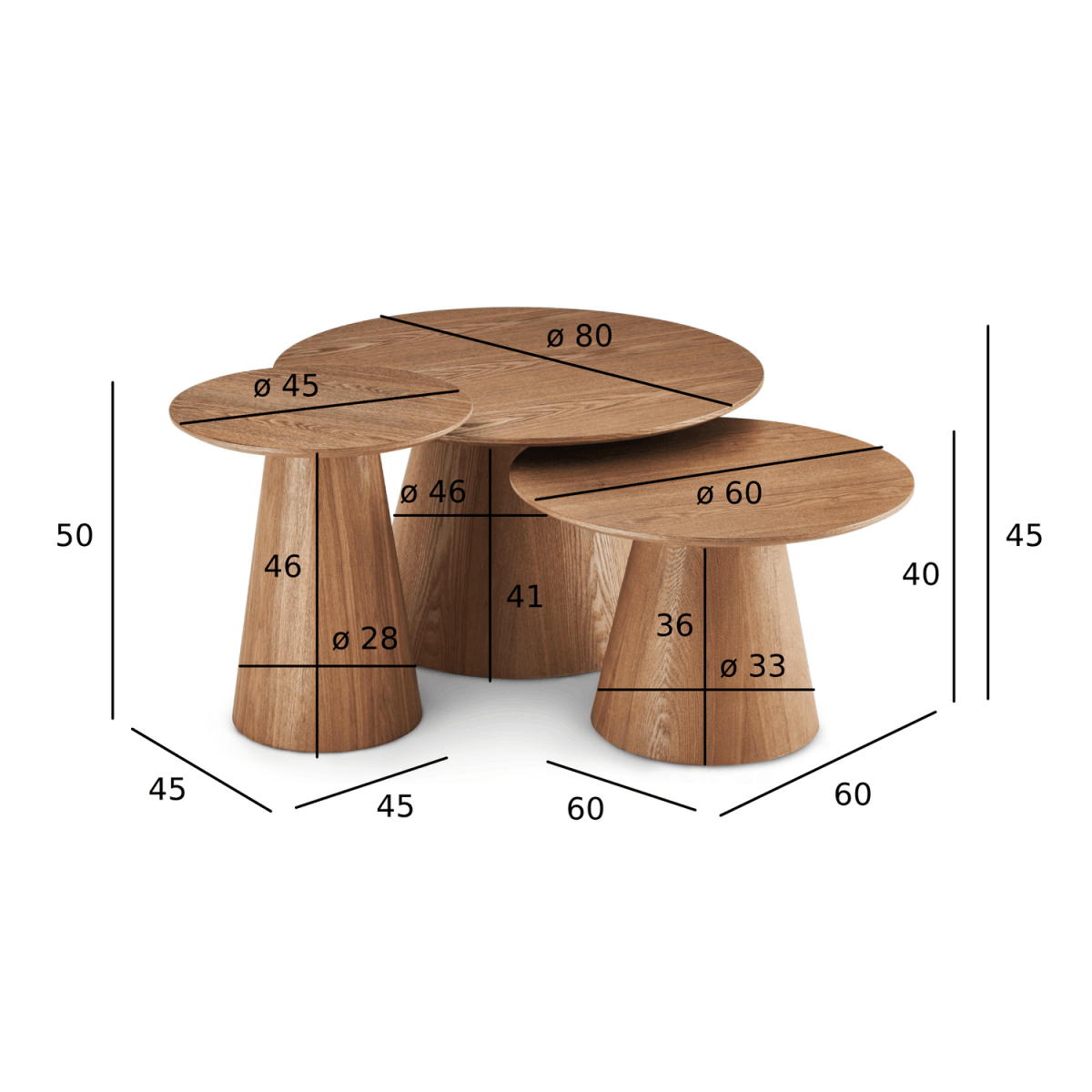 Couchtisch 3er Set ø80/60/45 cm - Wildeiche Natur - FURNHOUSE