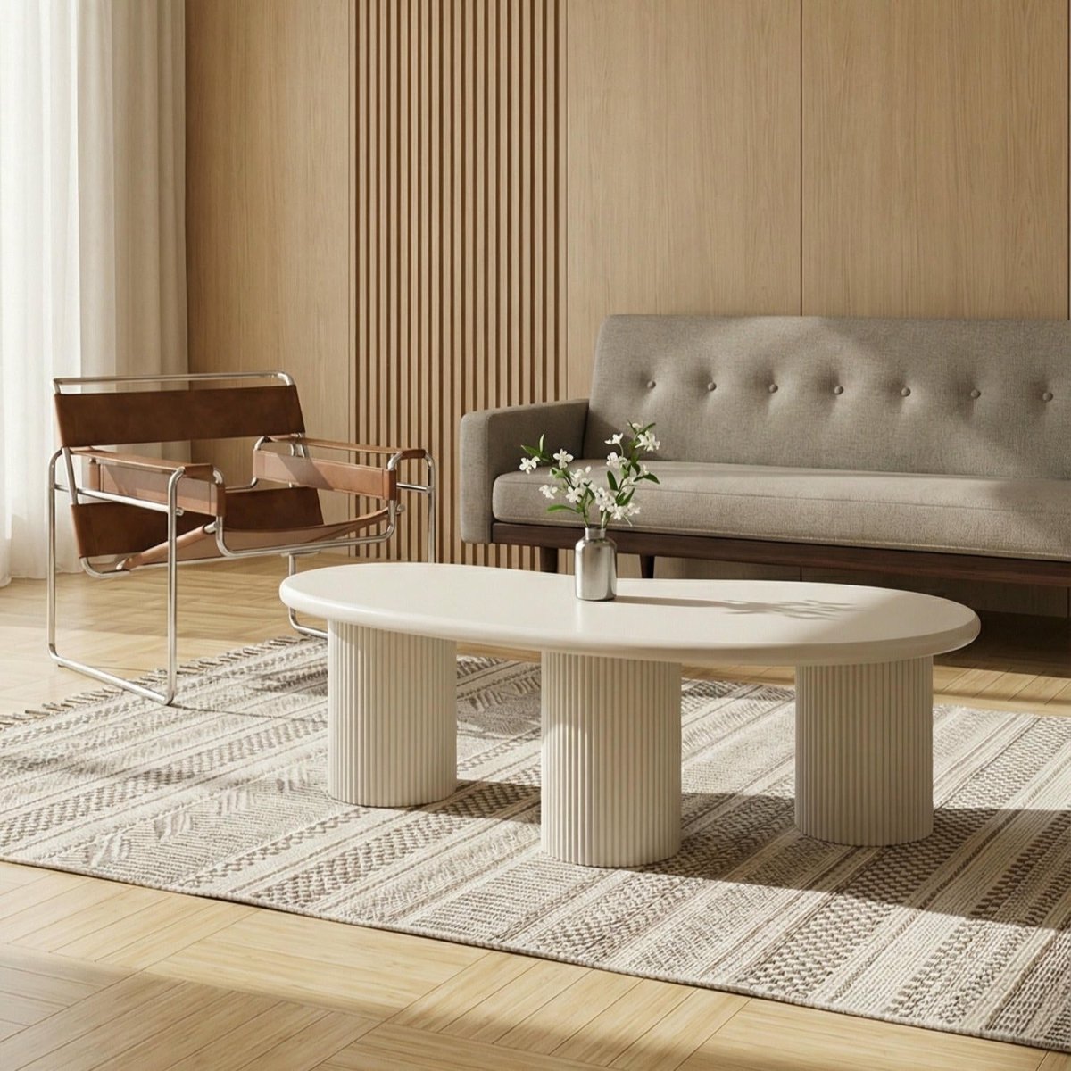 Couchtisch Wave 130x70 cm - MDF Matt Weiß - Lamellenoptik - Nierenförmig - Wohnzimmertisch