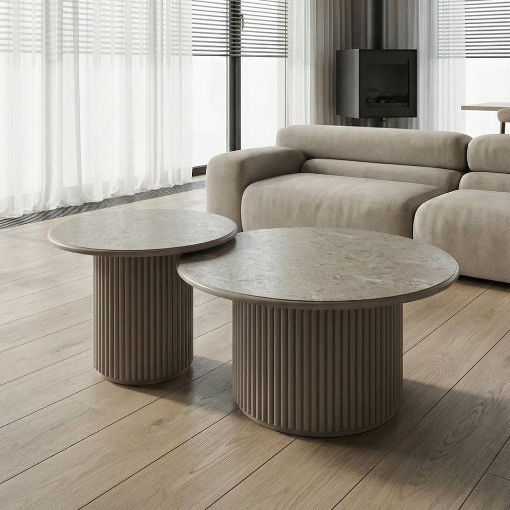 Couchtisch Rund ø80 cm - Marmoroptik & Lamellenoptik Beige - FURNHOUSE