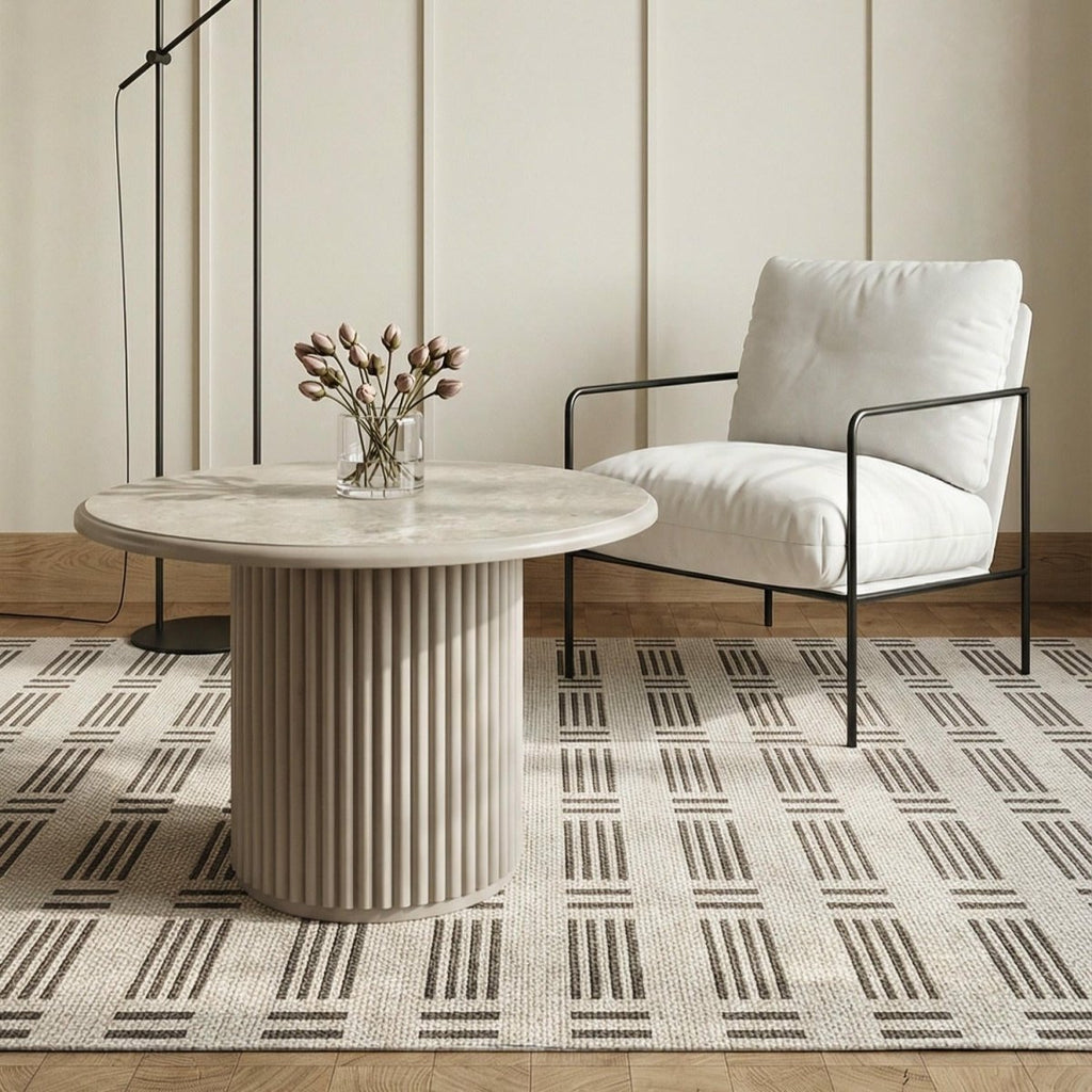 Couchtisch Rund ø60 cm - Marmoroptik & Lamellenoptik Beige - FURNHOUSE