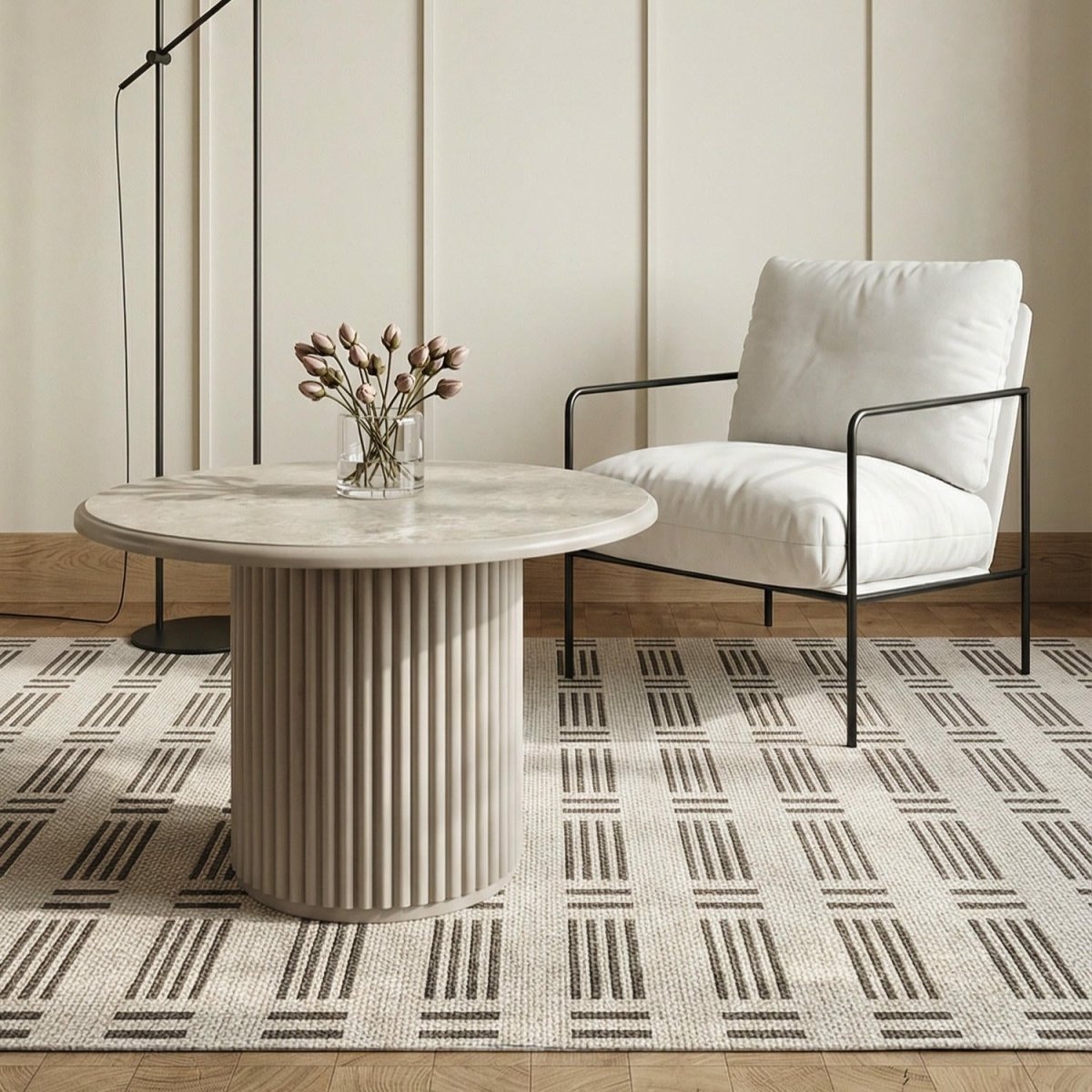 Couchtisch Rund ø60 cm - Marmoroptik & Lamellenoptik Beige - FURNHOUSE