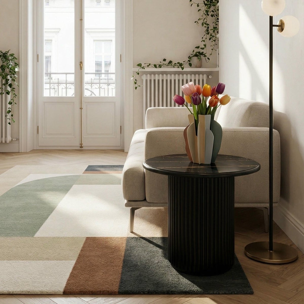 Couchtisch Rund ø60 cm - Marmoroptik & Lamellenoptik Schwarz - FURNHOUSE