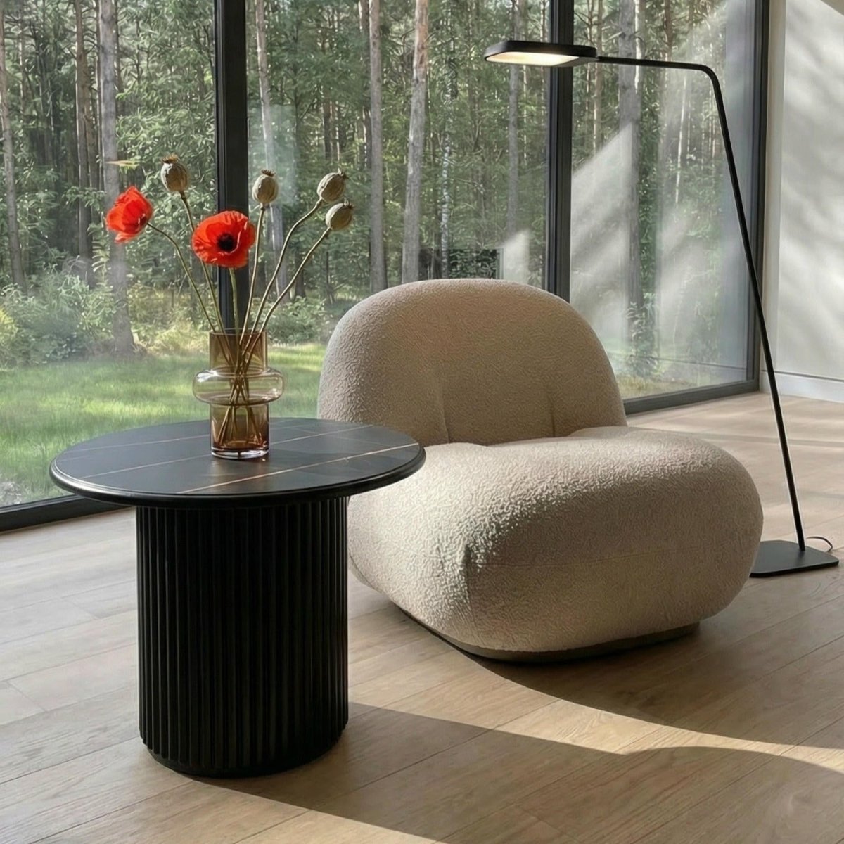 Couchtisch Rund ø60 cm - Marmoroptik & Lamellenoptik Schwarz - FURNHOUSE