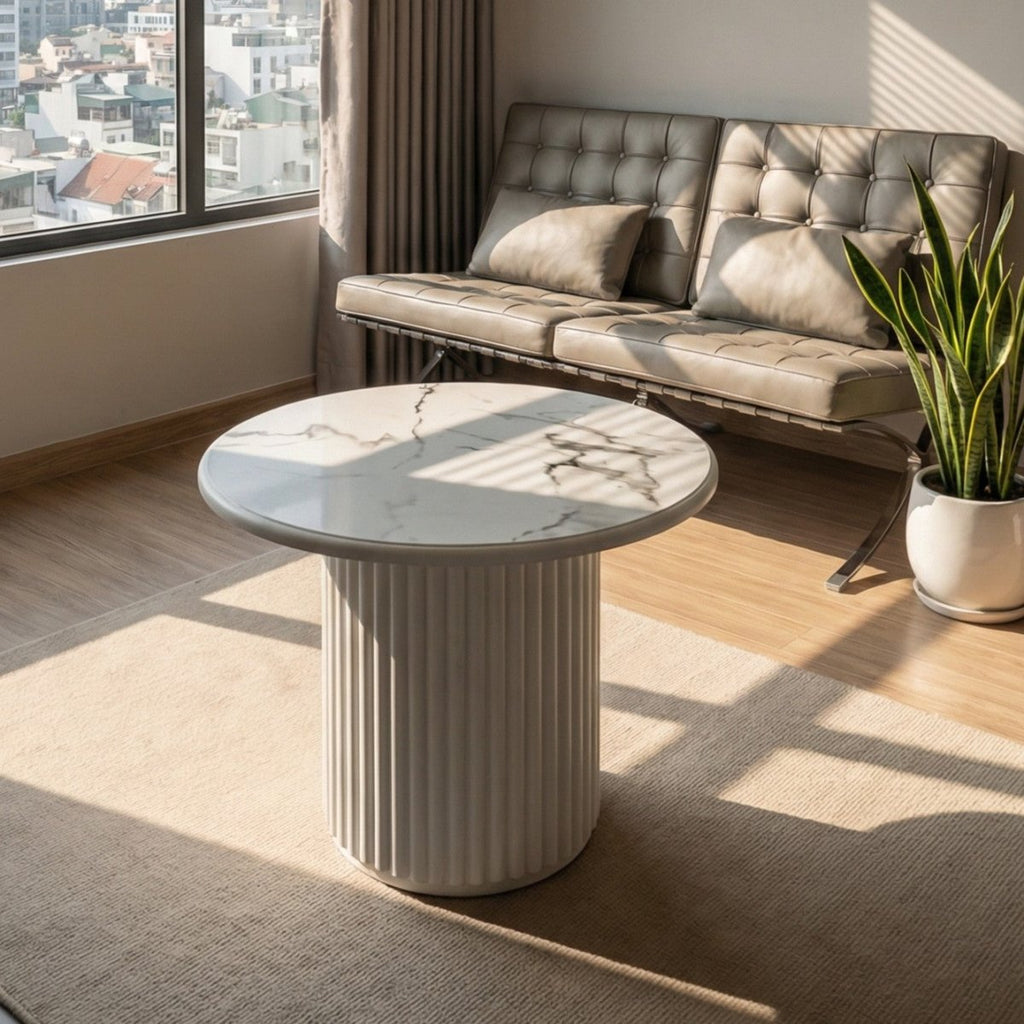 Couchtisch Rund ø60 cm - Marmoroptik & Lamellenoptik Weiß - FURNHOUSE