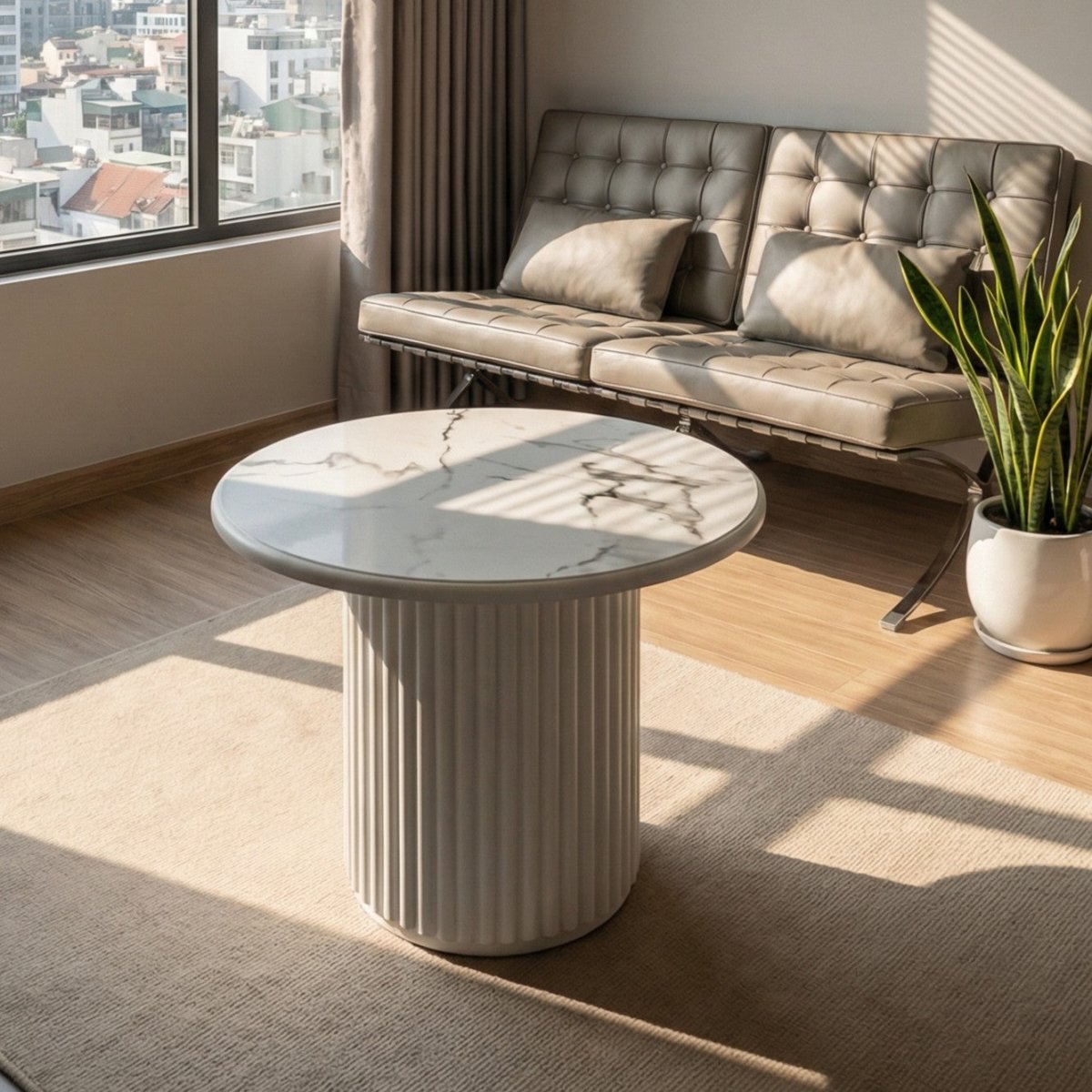 Couchtisch Rund ø60 cm - Marmoroptik & Lamellenoptik Weiß - FURNHOUSE