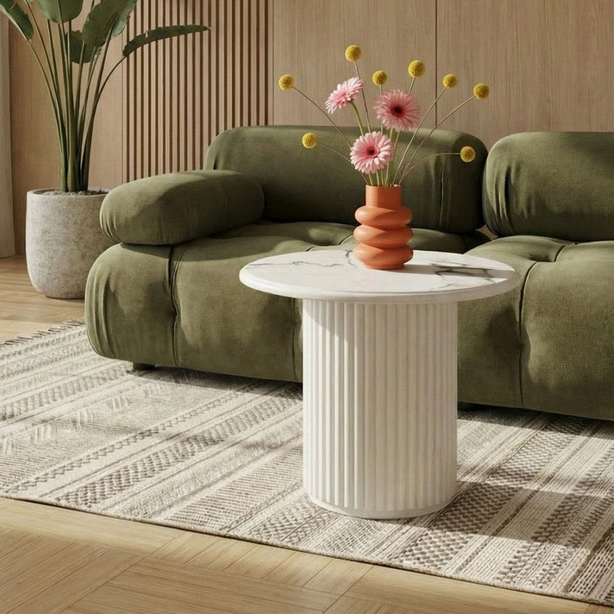 Couchtisch Rund ø60 cm - Marmoroptik & Lamellenoptik Weiß - FURNHOUSE