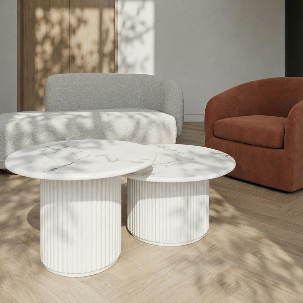 Couchtisch Rund ø60 cm - Marmoroptik & Lamellenoptik Weiß - FURNHOUSE