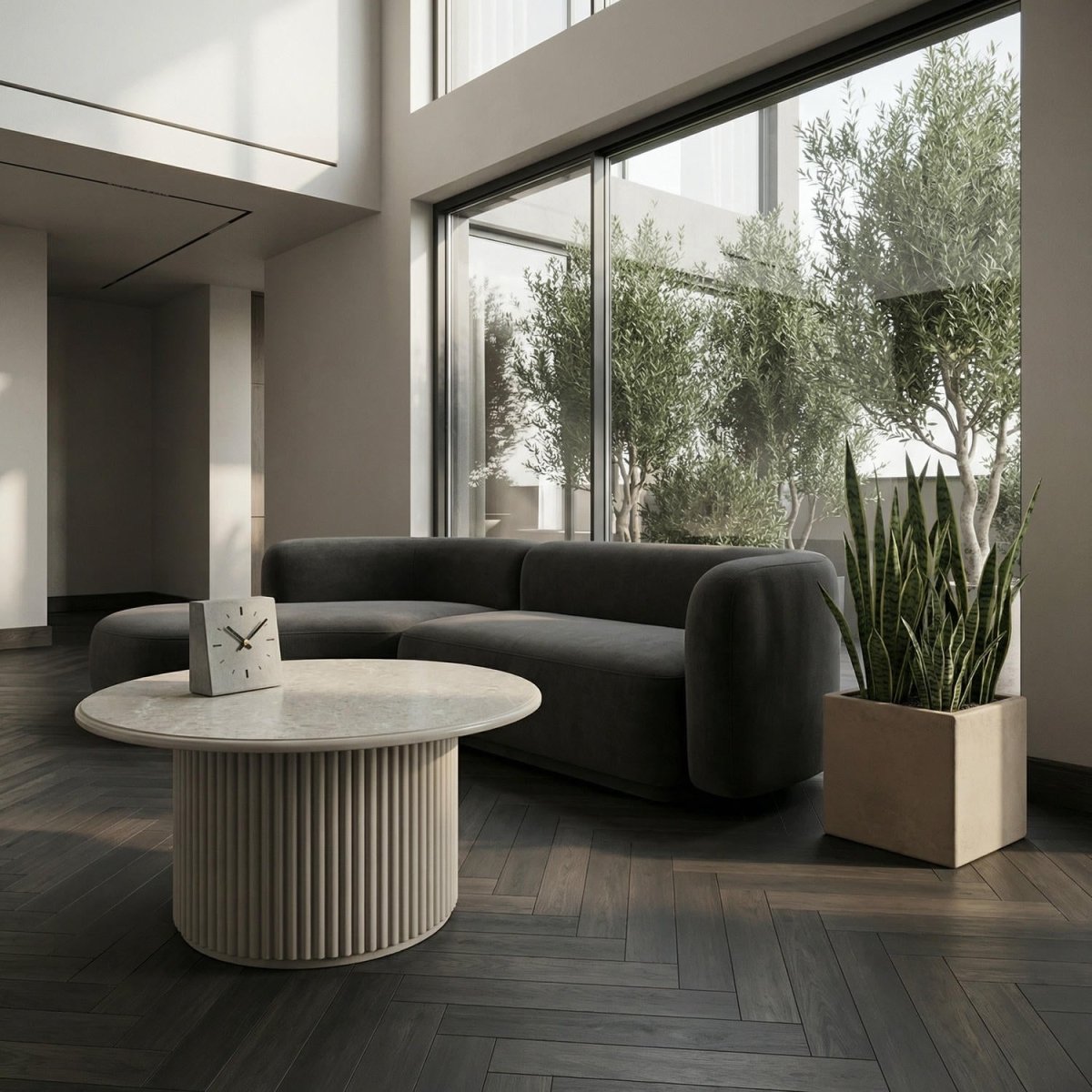 Couchtisch Rund ø80 cm - Marmoroptik & Lamellenoptik Beige - FURNHOUSE