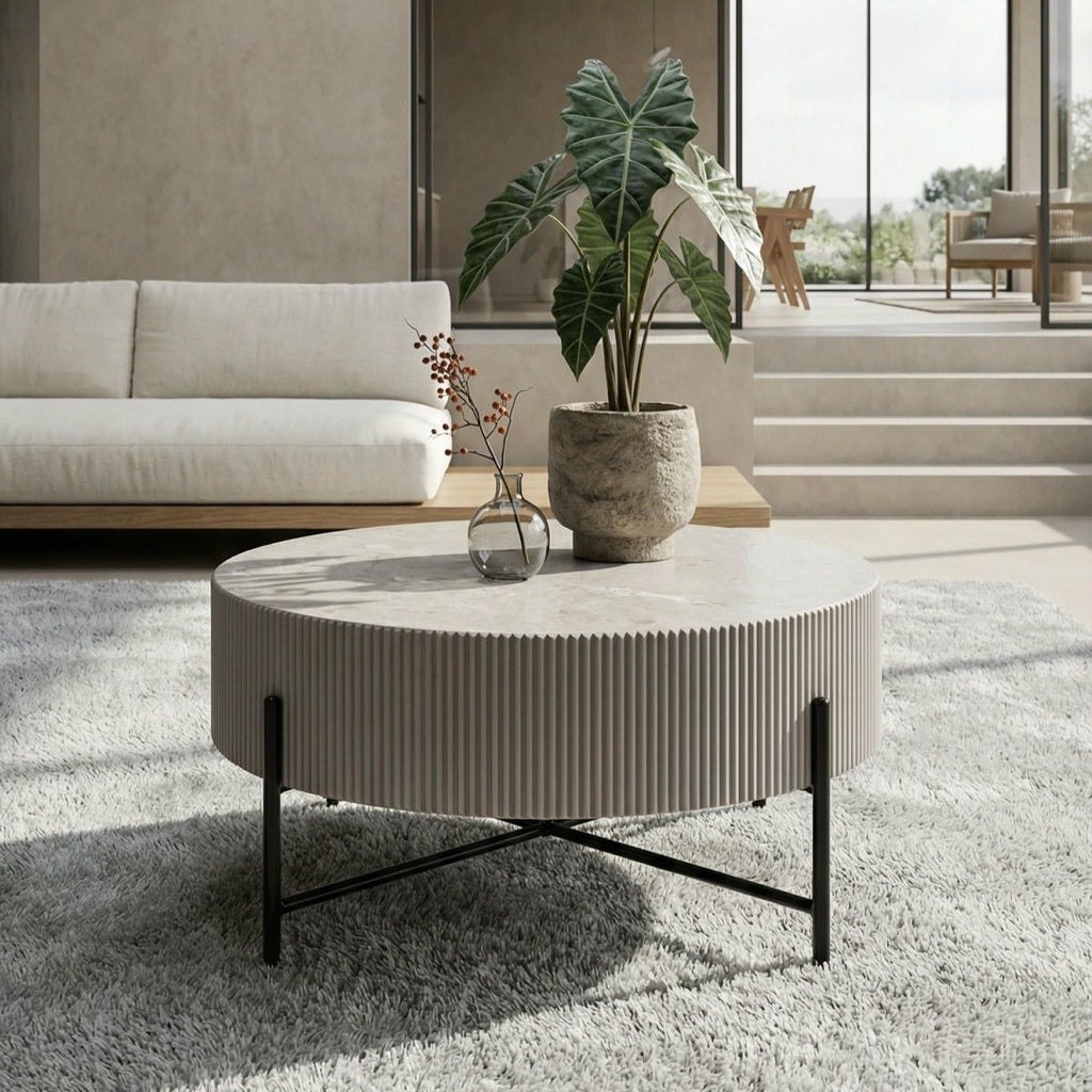 Couchtisch Rund ø80 cm - Marmoroptik & Lamellenoptik Grau - FURNHOUSE