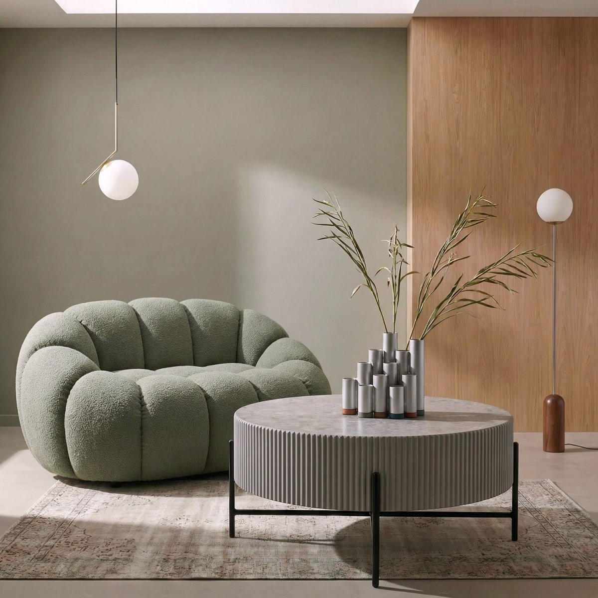 Couchtisch Rund ø80 cm - Marmoroptik & Lamellenoptik Grau - IBBE DESIGN - FURNHOUSE