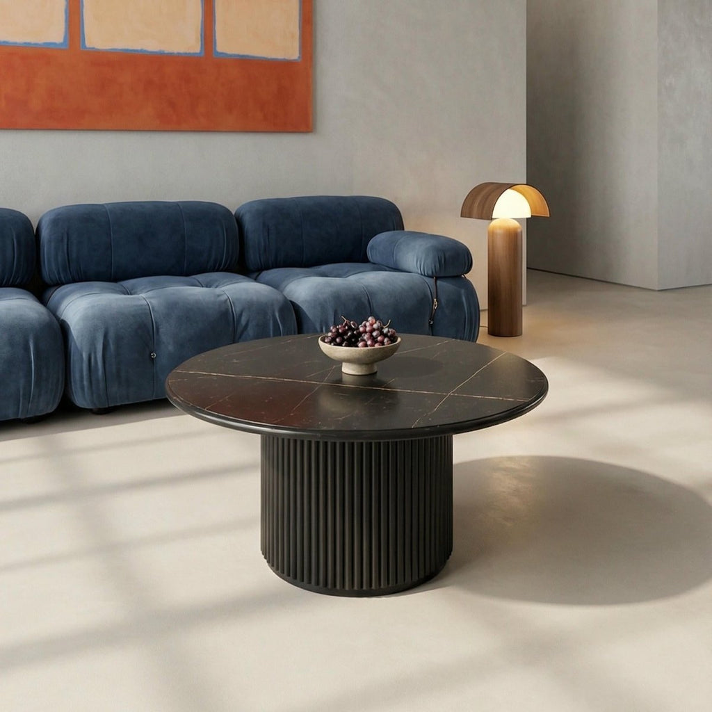 Couchtisch Rund ø80 cm - Marmoroptik & Lamellenoptik Schwarz - FURNHOUSE