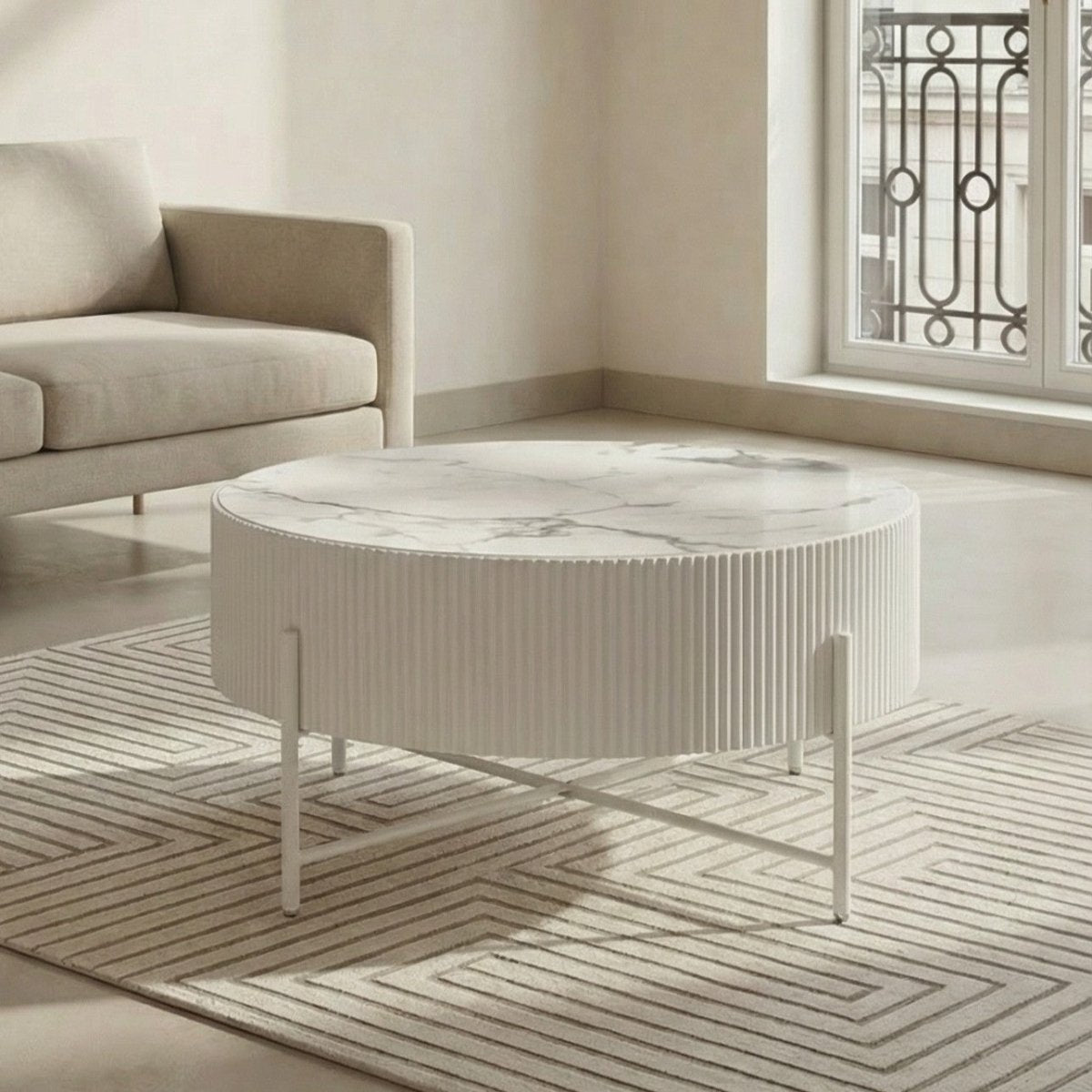 Couchtisch Rund ø80 cm - Marmoroptik & Lamellenoptik Weiß - FURNHOUSE