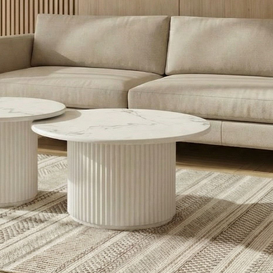 Couchtisch Rund ø80 cm - Marmoroptik & Lamellenoptik Weiß - FURNHOUSE