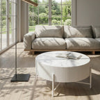 Couchtisch Rund ø80 cm - Marmoroptik & Lamellenoptik Weiß - FURNHOUSE