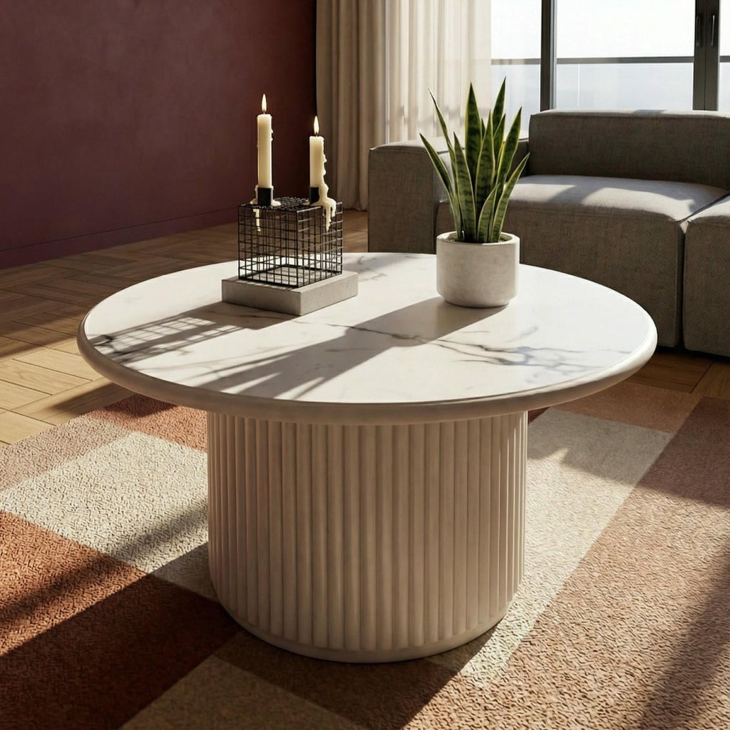 Couchtisch Rund ø80 cm - Marmoroptik & Lamellenoptik Weiß - FURNHOUSE