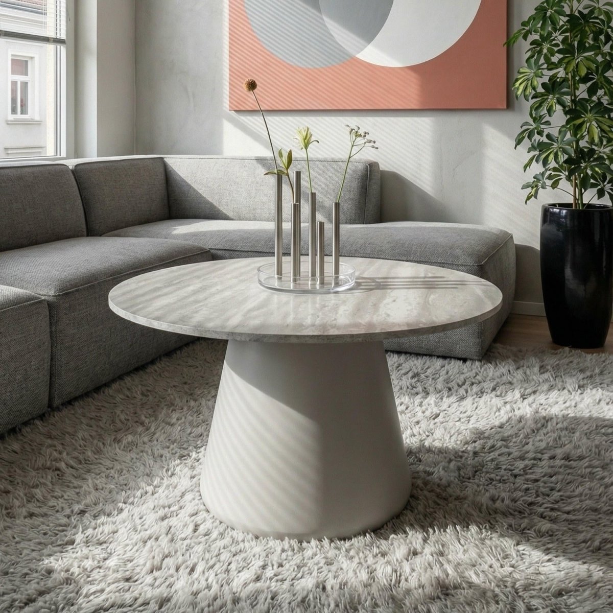 Couchtisch Tango ø80 cm - Travertinoptik Grau - Säulenfuß - Rund - Wohnzimmertisch