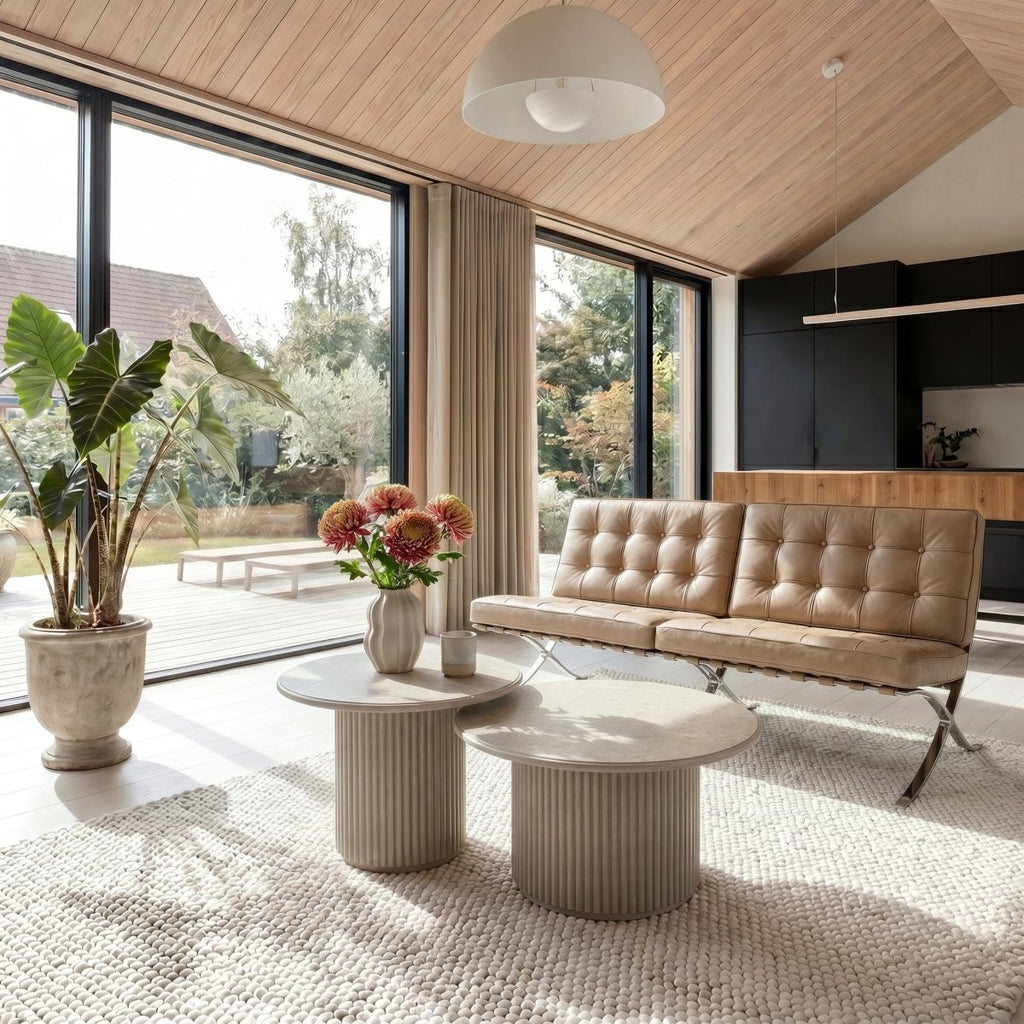 Couchtisch Rund ø60 cm - Marmoroptik & Lamellenoptik Beige - FURNHOUSE