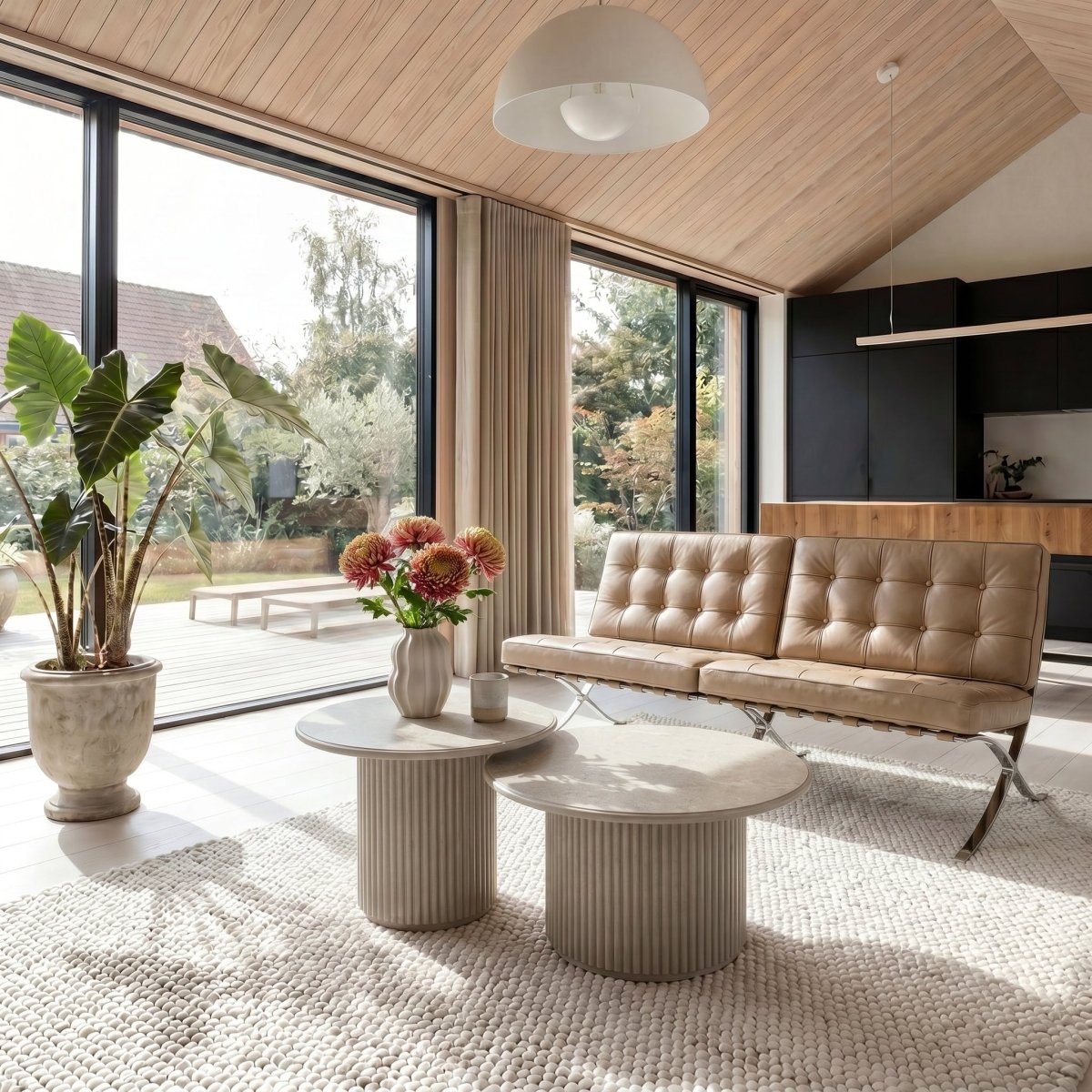Couchtisch Rund ø60 cm - Marmoroptik & Lamellenoptik Beige - IBBE DESIGN - FURNHOUSE