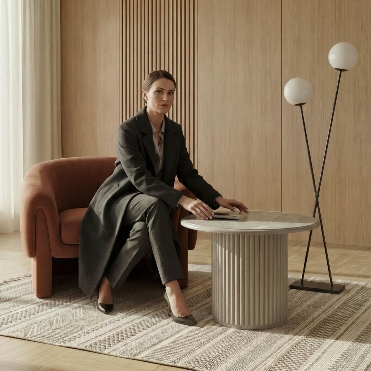Couchtisch Rund ø60 cm - Marmoroptik & Lamellenoptik Beige - IBBE DESIGN - FURNHOUSE