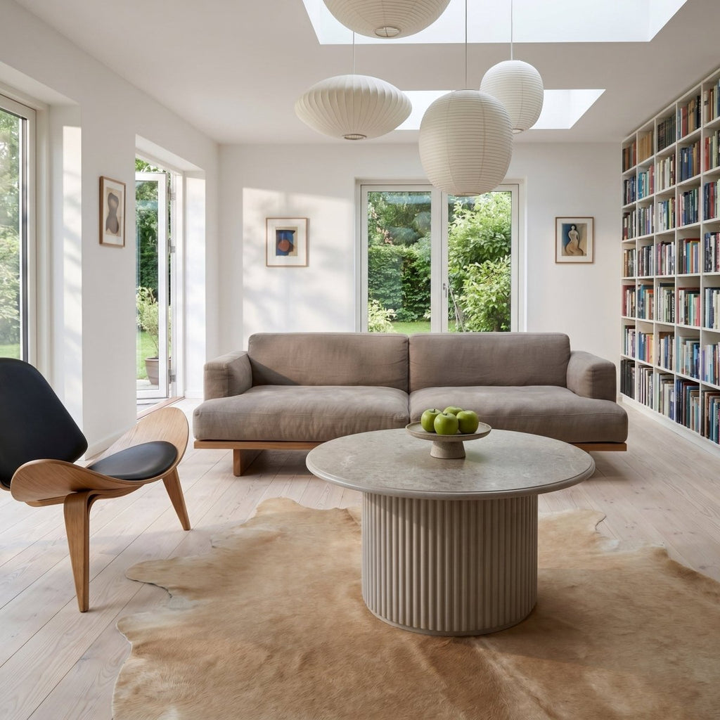 Couchtisch Rund ø80 cm - Marmoroptik & Lamellenoptik Beige - FURNHOUSE