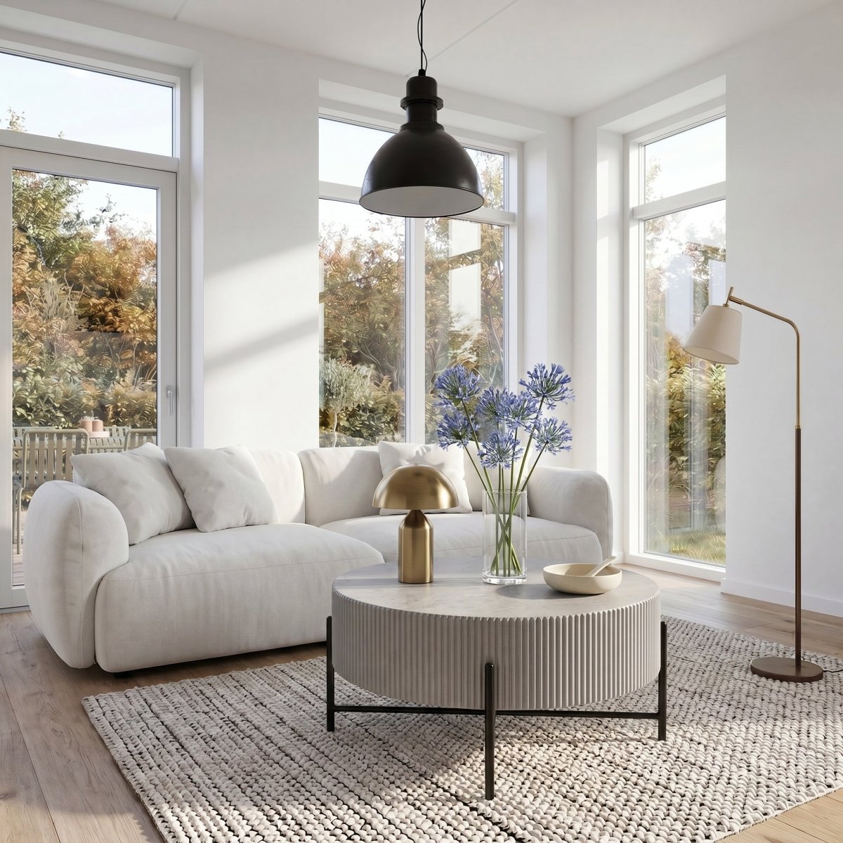 Couchtisch Rund ø80 cm - Marmoroptik & Lamellenoptik Grau - IBBE DESIGN - FURNHOUSE