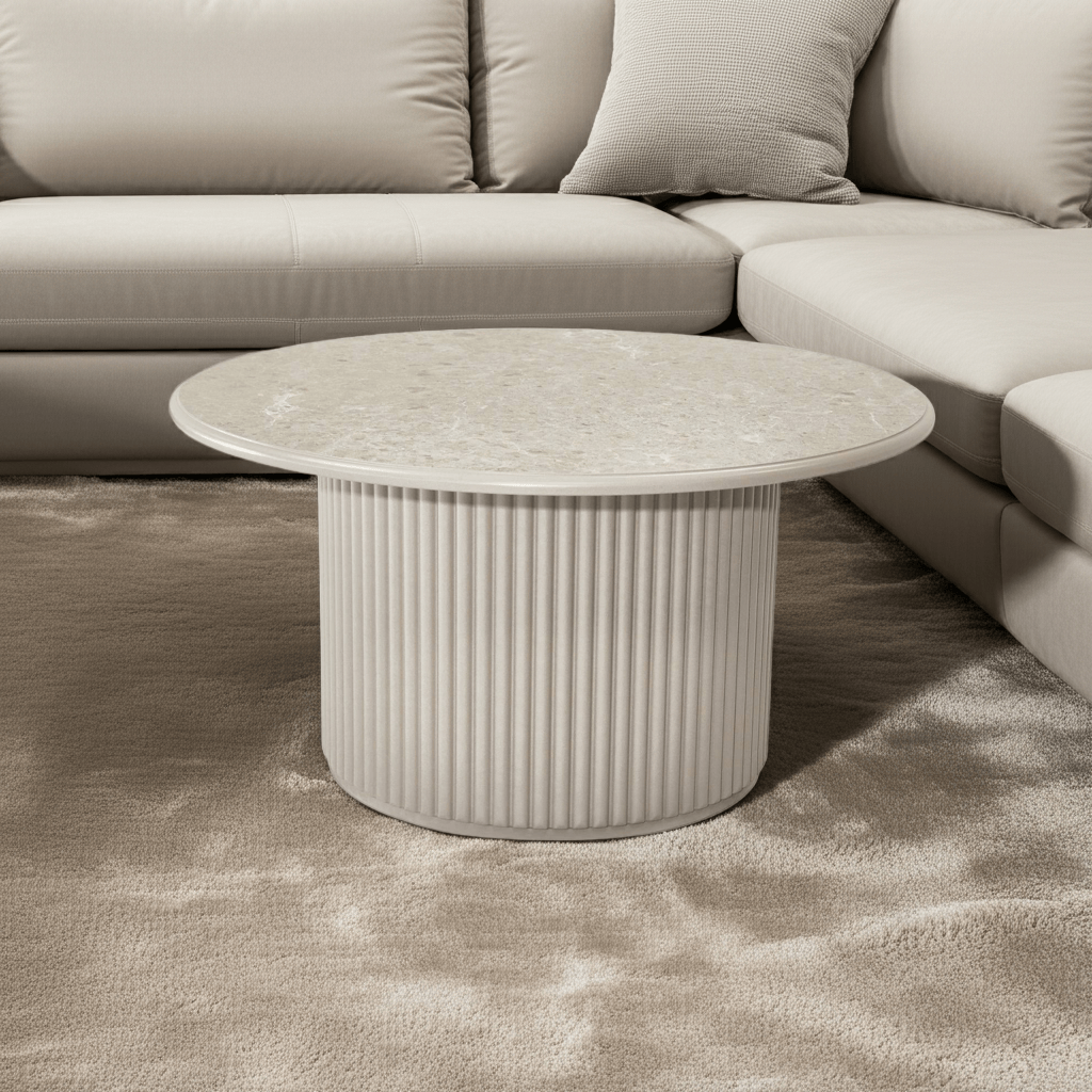 Easy Couchtisch Rund ø80 cm - Marmoroptik & Lamellenoptik Grau - FURNHOUSE