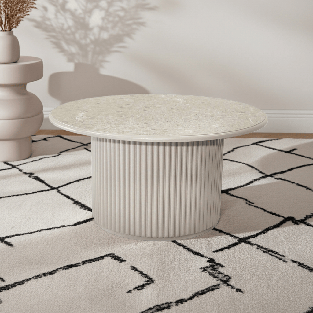 Easy Couchtisch Rund ø80 cm - Marmoroptik & Lamellenoptik Grau - FURNHOUSE