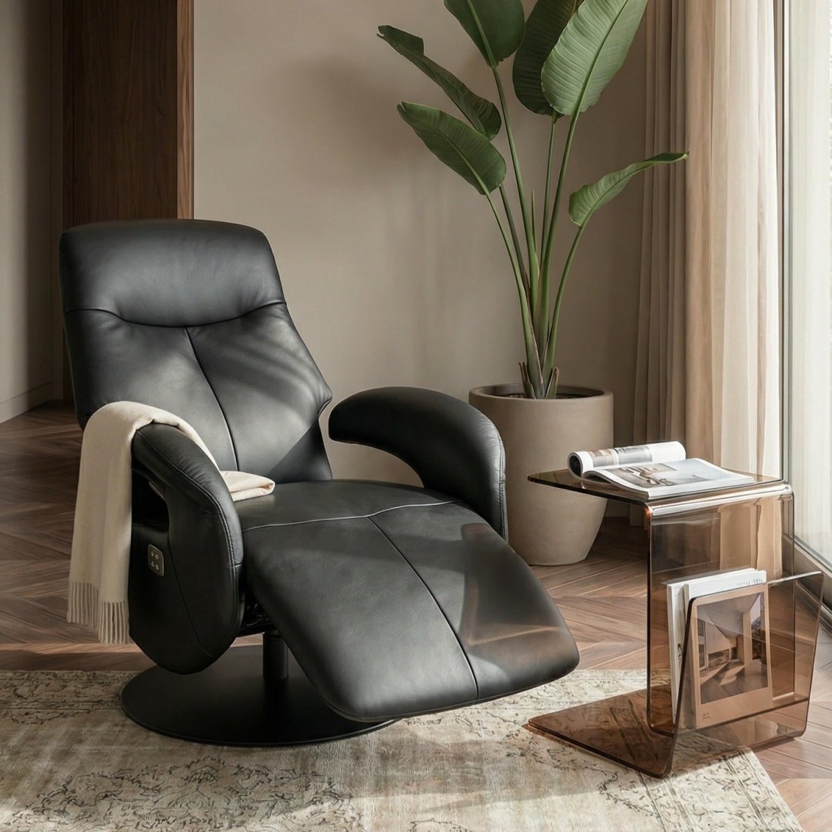 Elektrischer Relaxsessel - Echtleder Schwarz - FURNHOUSE