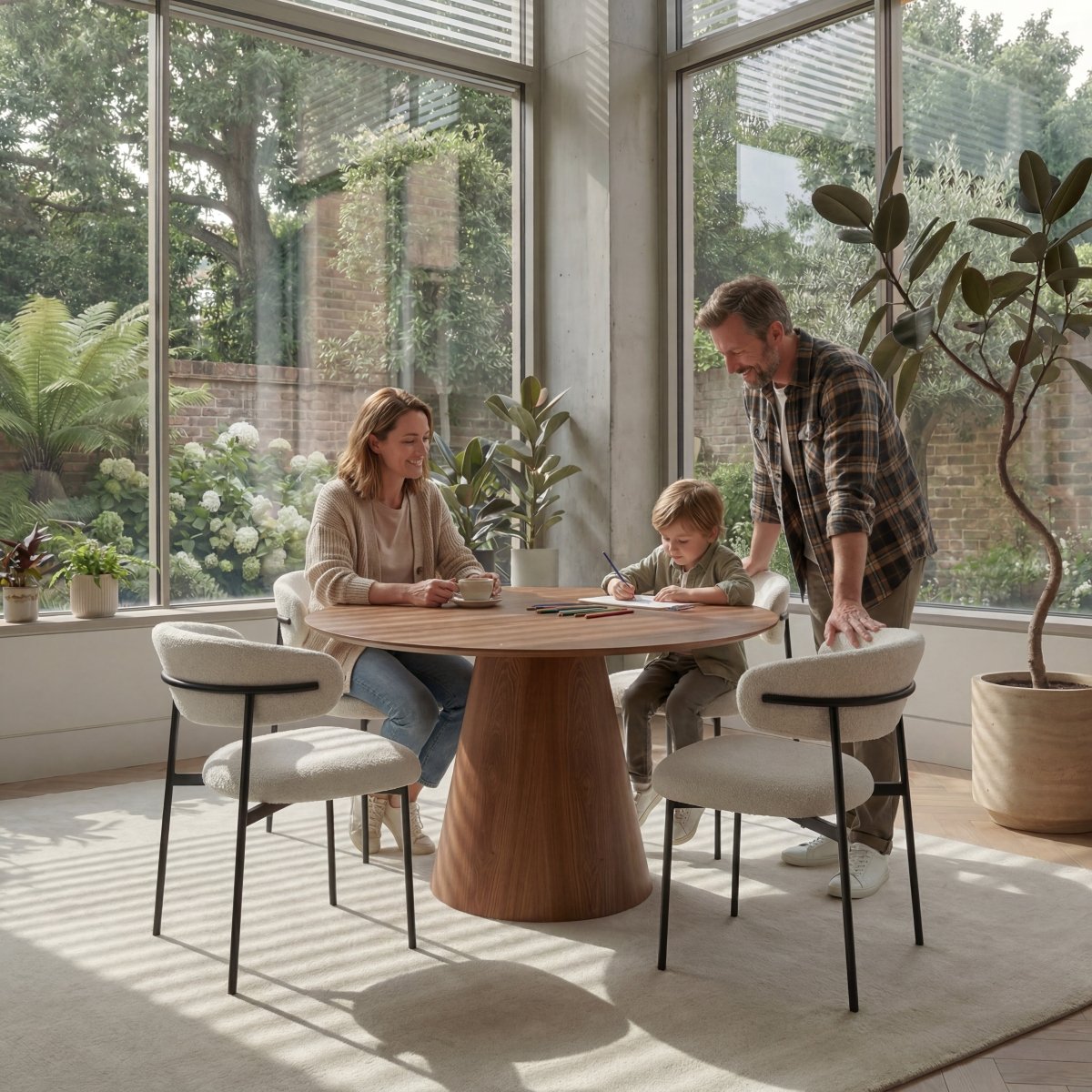 Essgruppe mit 4 Stühle und Esstisch - ø120 cm Wildeiche - FURNHOUSE