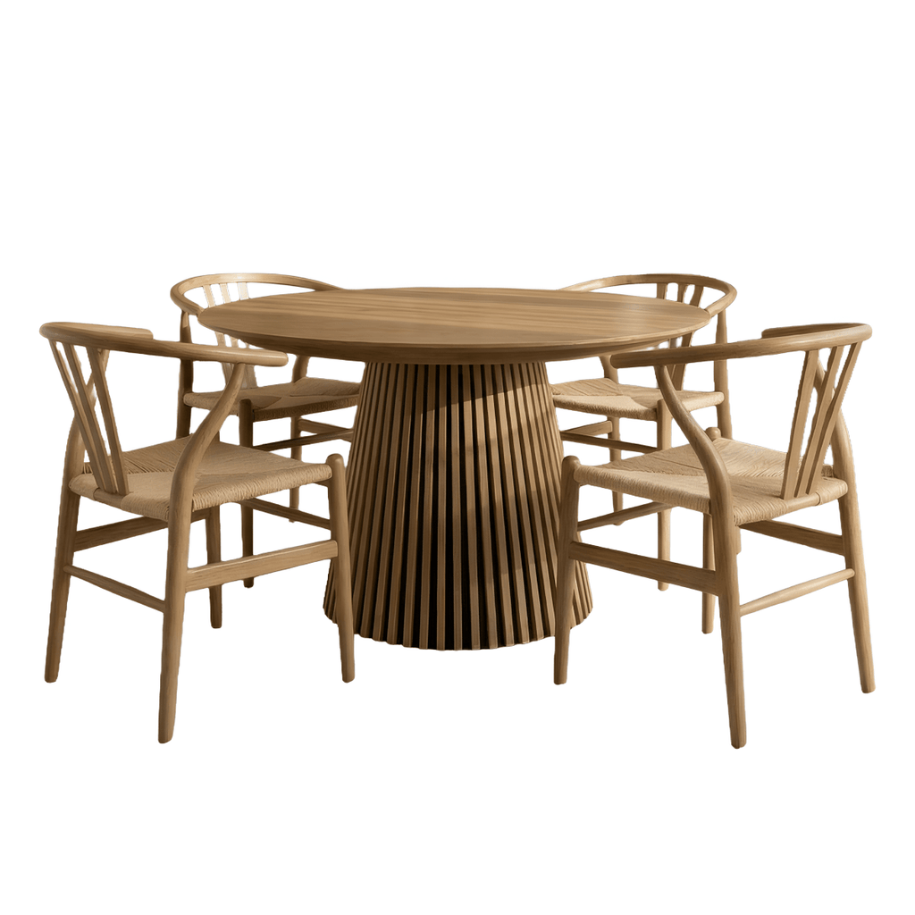 Essgruppe mit 4 Stühle und Esstisch - ø120 cm - Ausziehbar bis 220 cm Wildeiche - FURNHOUSE
