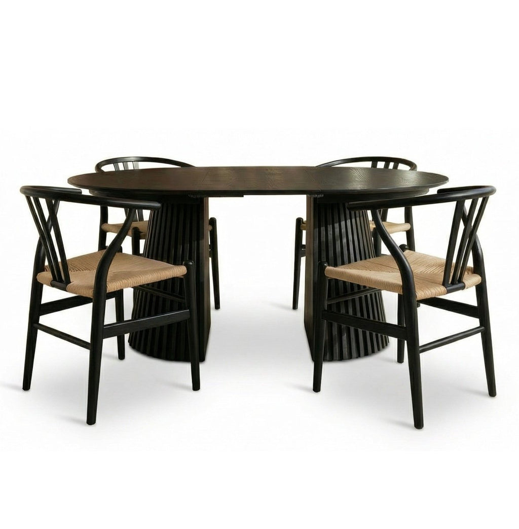 Essgruppe mit 4 Stühle und Esstisch - ø140 cm - Ausziehbar bis 240 cm Schwarz - FURNHOUSE