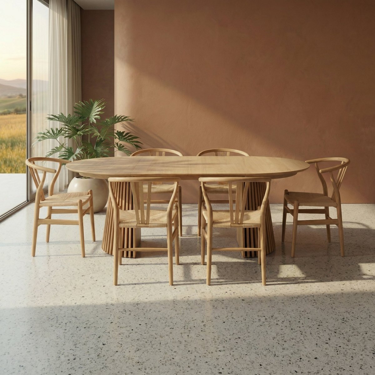 Essgruppe mit 6 Stühle und Esstisch - ø120 cm - Ausziehbar bis 220 cm Wildeiche - FURNHOUSE