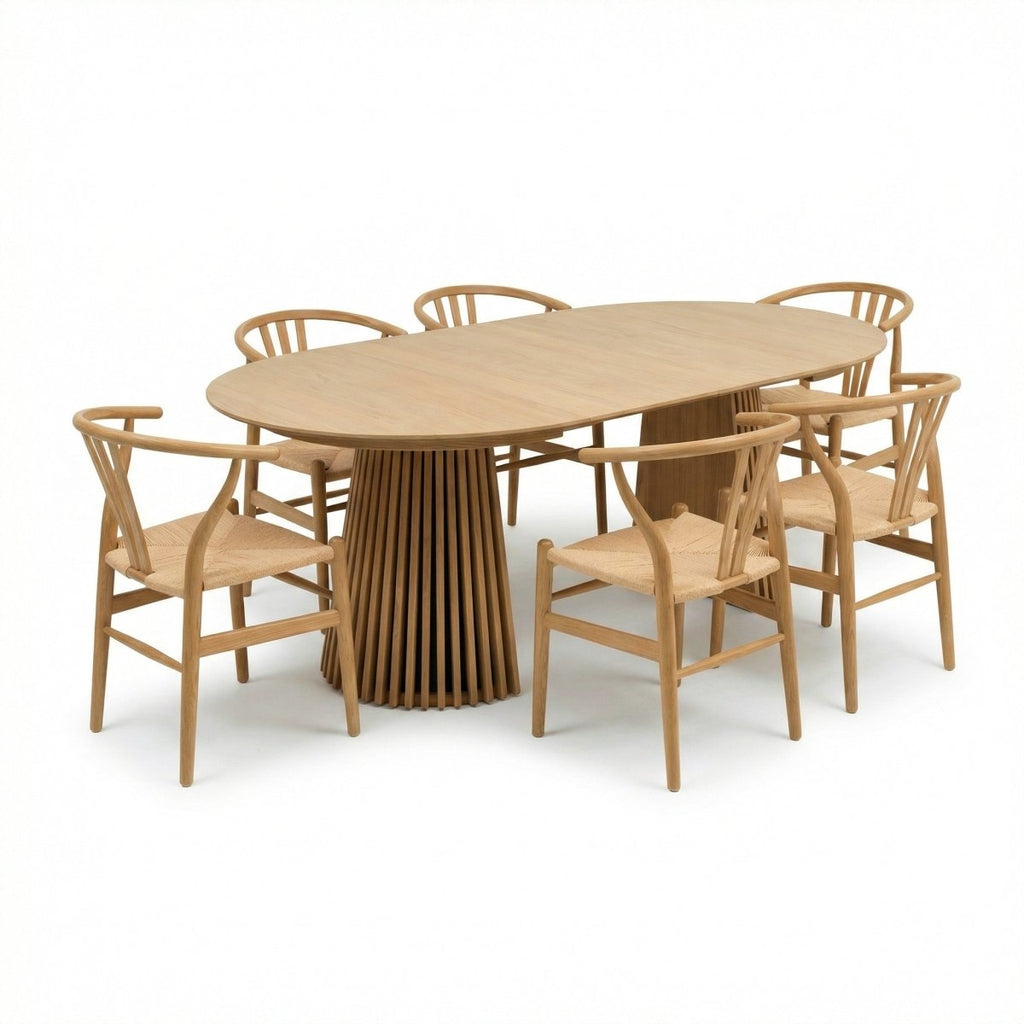 Essgruppe mit 6 Stühle und Esstisch - ø120 cm - Ausziehbar bis 220 cm Wildeiche - FURNHOUSE