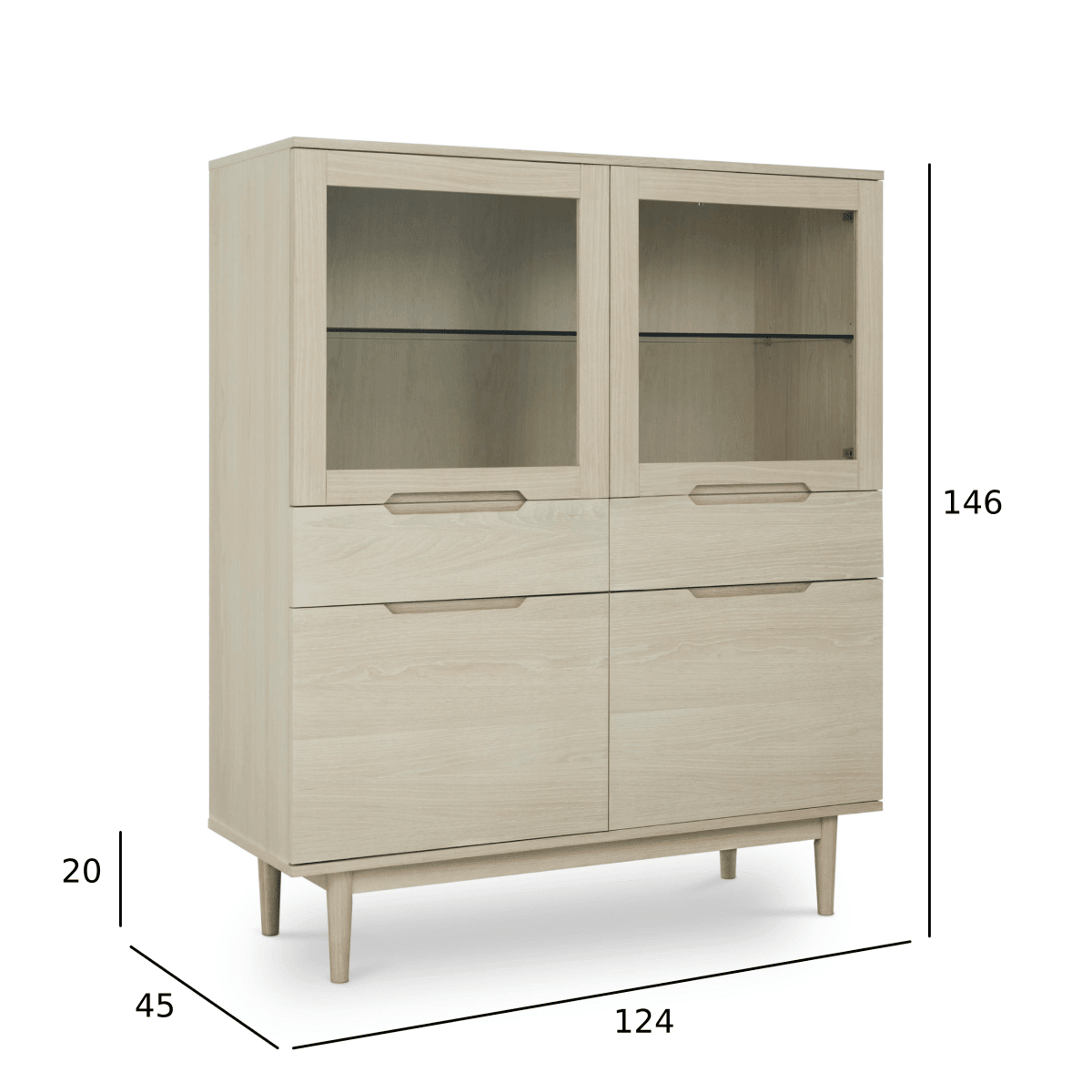 Highboard mit LED-Beleuchtung - 124 cm breit - Eiche bianco - FURNHOUSE