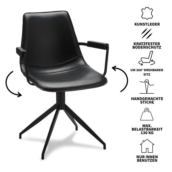 Isabel Esszimmerstühle mit Armlehne 2er Set - Drehbar, Kunstleder Schwarz - FURNHOUSE