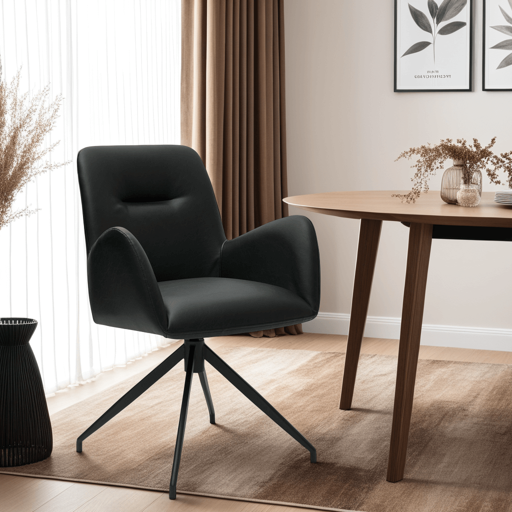 Jennifer Esszimmerstühle mit Armlehne 2er Set - Drehbar, Kunstleder Schwarz - FURNHOUSE